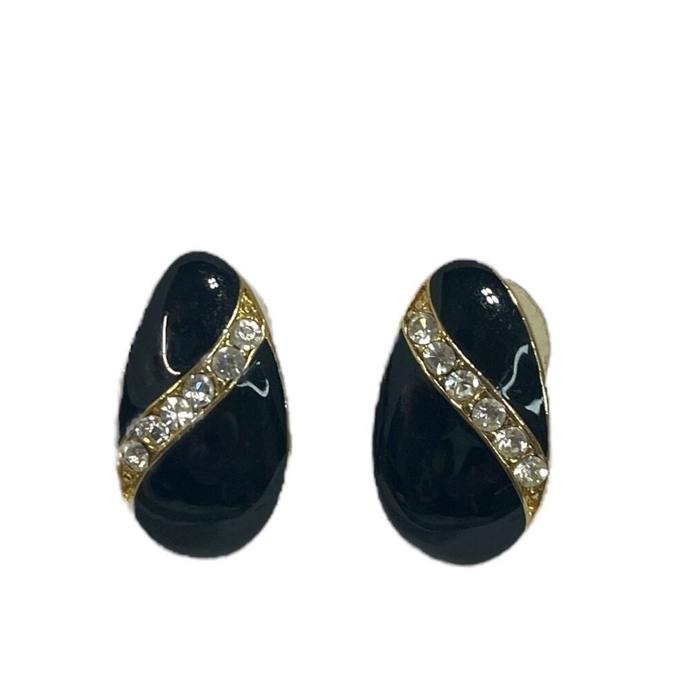 Vintage Trifari Black Enamel Gold Tone Rhinestone Pierced Earrings